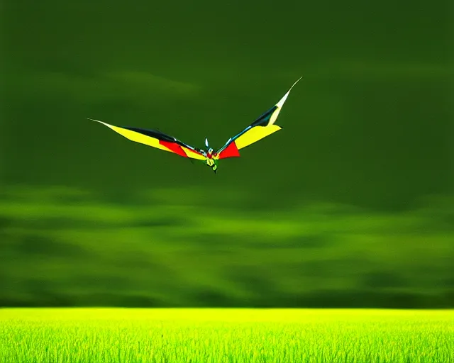 Prompt: rayquaza flying over a green meadow, wildlife photography, by frans lanting, telephoto, imax