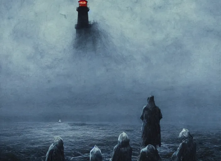 Prompt: worshippers in robes belonging to the cult of the lighthouse standing in waves with ravens flying overhead, a lighthouse, ravens, high detailed beksinski painting, part by adrian ghenie and gerhard richter. art by takato yamamoto. masterpiece, dark and moody, deep colours, blue - h 8 9 6