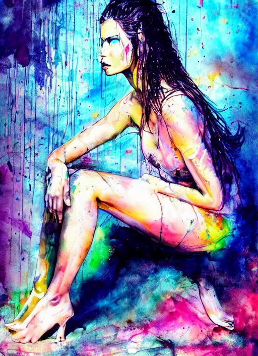 Prompt: adriana lima by agnes cecile and enki bilal, sitting on a stool, bent over posture, full body portrait, extremely luminous bright design, pastel colours, drips, autumn lights