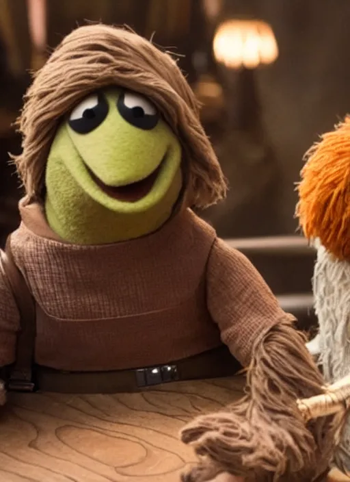 Prompt: luke skywalker in the muppets movie sitting in a cantina