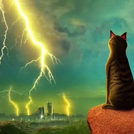 Prompt: a cat is sitting on a rock and looks at a total fallout city, while it is radioactive raining and a wild ghoul is coming nearby, there is a lightning which is purple