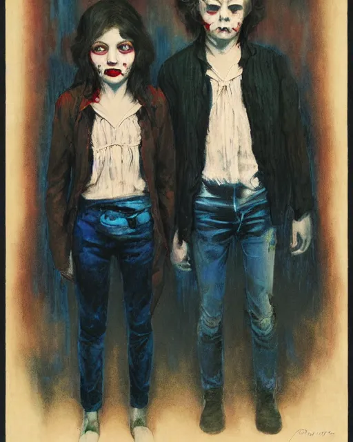 Prompt: two beautiful but creepy siblings wearing oxford shirts in layers of fear, with haunted eyes, 1 9 7 0 s, seventies, wallpaper, a little blood, morning light showing injuries, delicate embellishments, painterly, offset printing technique, by brom, robert henri, walter popp