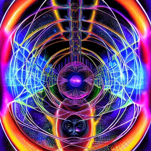 Prompt: black void surrounding visions of the future by alex grey, award - winning, digital painting, hyperdetailed, cosmic