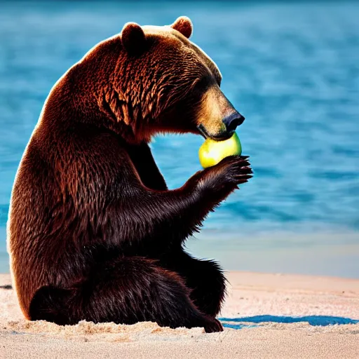 Image similar to national geographic photograph of a bear eating an apple, on the beach