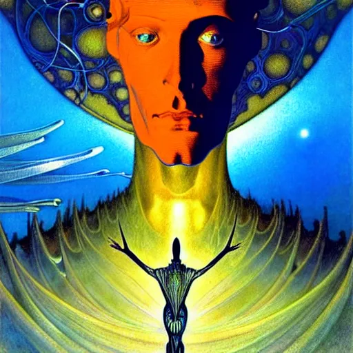 Image similar to realistic extremely detailed portrait painting of a glowing male silhouette, futuristic sci-fi landscape on background by Jean Delville, Amano, Yves Tanguy, Alphonse Mucha, Ernst Haeckel, Edward Robert Hughes, Roger Dean, rich moody colours, blue eyes