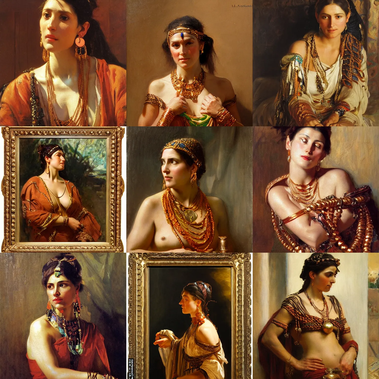 Prompt: orientalism painting of a bronze - age woman wearing copper jewelry by theodore ralli and nasreddine dinet and anders zorn and nikolay makovsky and edwin longsden long, oil on canvas, masterful intricate artwork, excellent lighting, high detail 8 k