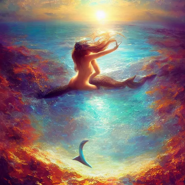 Image similar to glimmering mermaid relaxing beach, dolphins, golden hour, god rays, coral reef, dreamscape by artgerm and ruan jia and ismail inceoglu and greg olsen, cosmos, milky way galaxy, masterpiece, beautiful, intricate, elegant, highly detailed