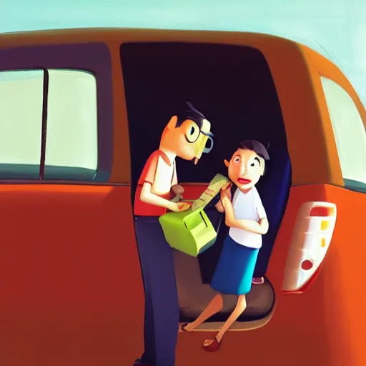Image similar to goro fujita ilustration parents couple packing suitcases in the car, painting by goro fujita, sharp focus, highly detailed, artstation