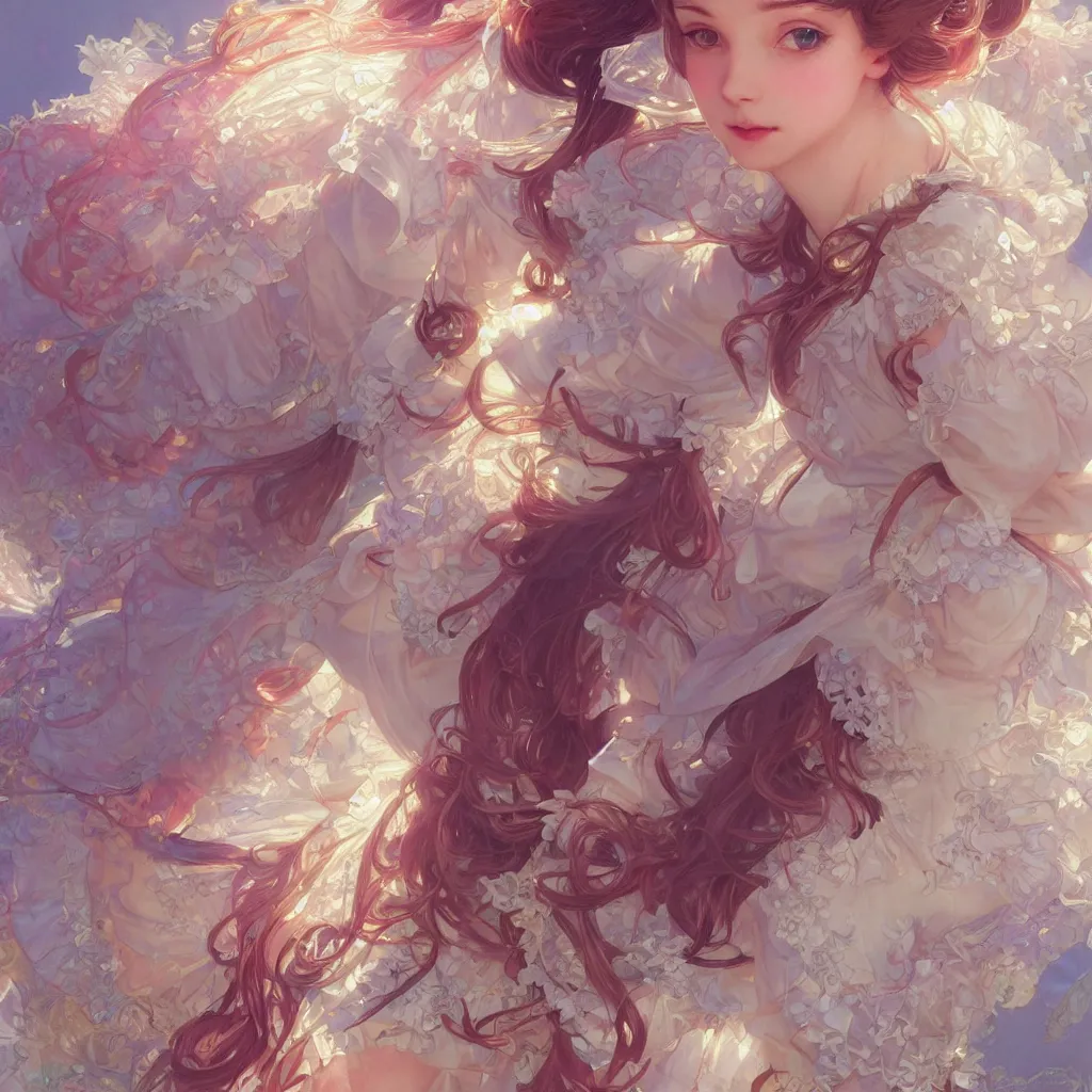 Image similar to portrait of a magical lolita girl, dreamy and ethereal, happy expression, ornate frilly dress, fantasy, intricate, elegant, colored crystal, highly detailed, digital painting, artstation, concept art, smooth, sharp focus, illustration, art by artgerm and greg rutkowski and alphonse mucha
