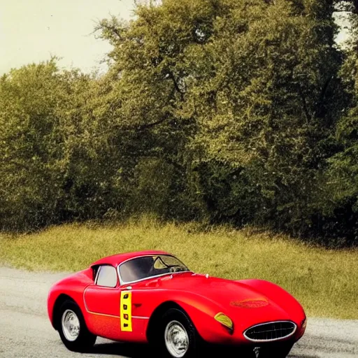 Image similar to photograph of a red Ferrari 166 MM car driving on a country road. a gleaming red barchetta from a better vanished time.