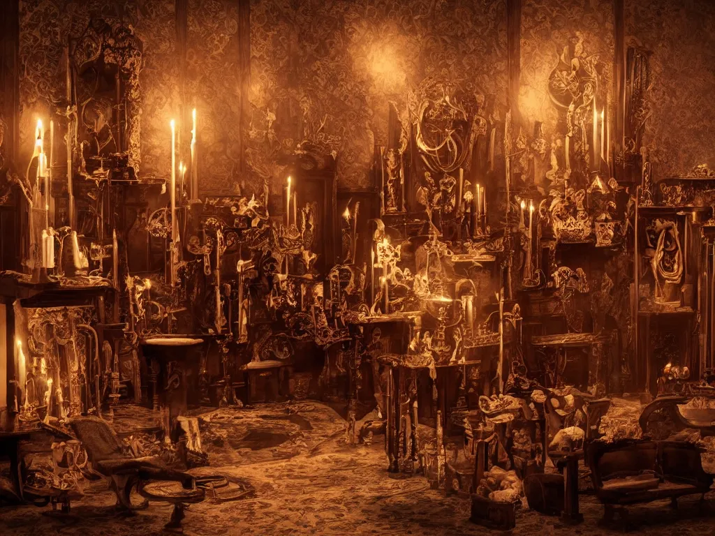 Prompt: hyper realistic photo of an occult art nouveau room interior, old furnitures, altar, candles, gloomy volumetric lights