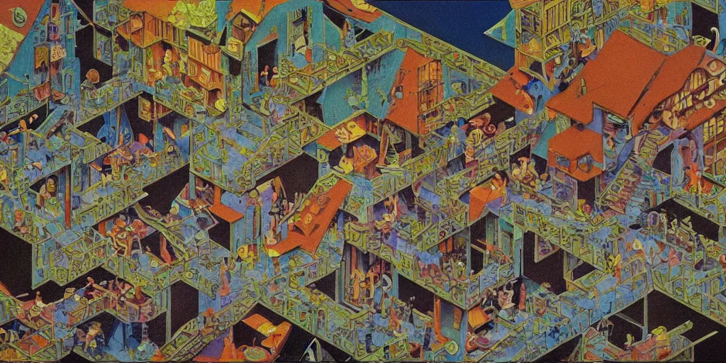 Image similar to early 9 0's liminal space in the style of mc escher and heironymus bosch, colorful intricate masterpiece, very hyper detailed