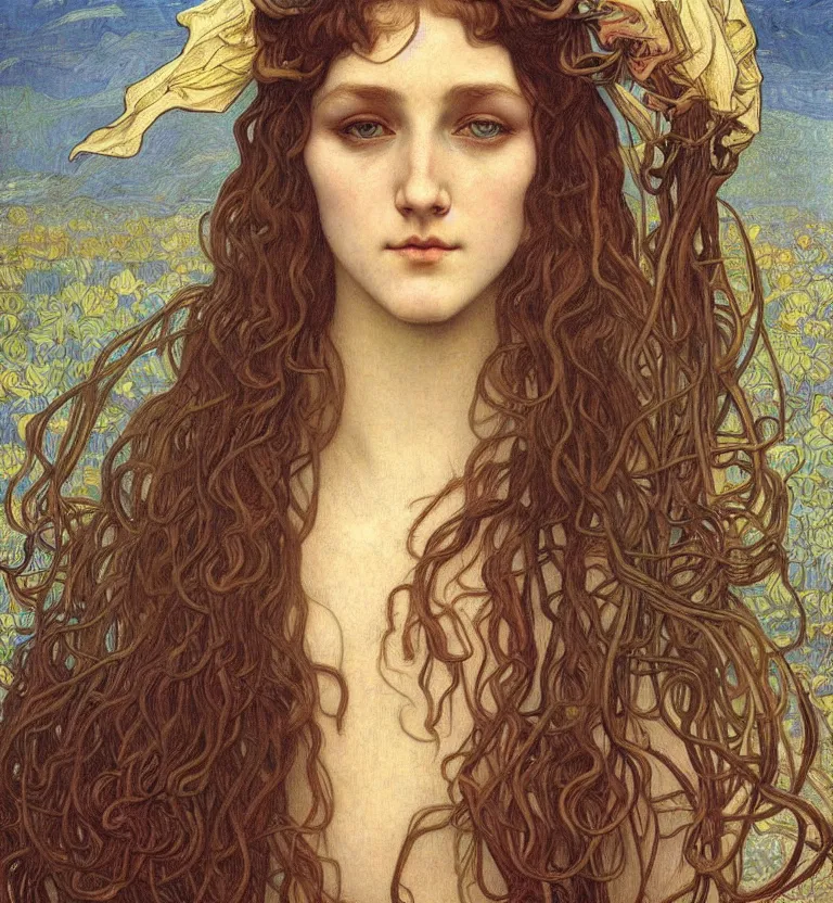 Image similar to detailed realistic beautiful young medieval queen face portrait by jean delville, alphonse mucha, vincent van gogh, and marco mazzoni, art nouveau, symbolist, visionary, gothic, pre - raphaelite