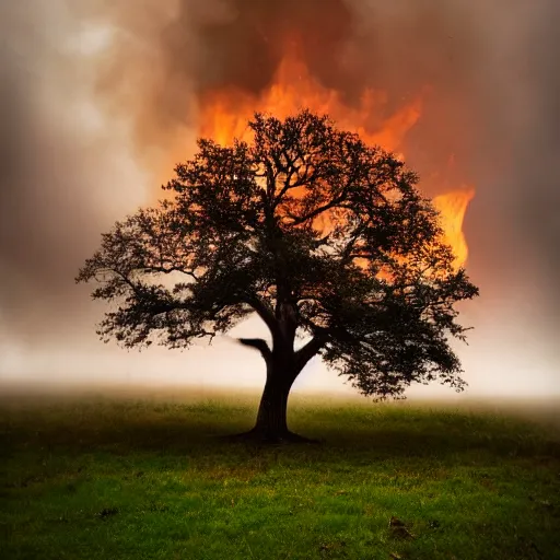 Image similar to hollow oak tree on fire, portrait, intricate, photograph, fog extreme details cinematic masterpiece