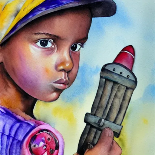 Prompt: hyper realistic tribal girl holding a rocket launcher, watercolor, cinematic