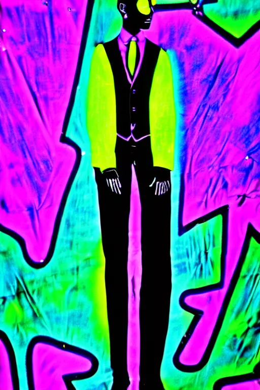 Image similar to psychedelic fashion business suit surrealist 1 9 2 0 s visionary blacklight neon pattern textile business suit uniform fashion shoot