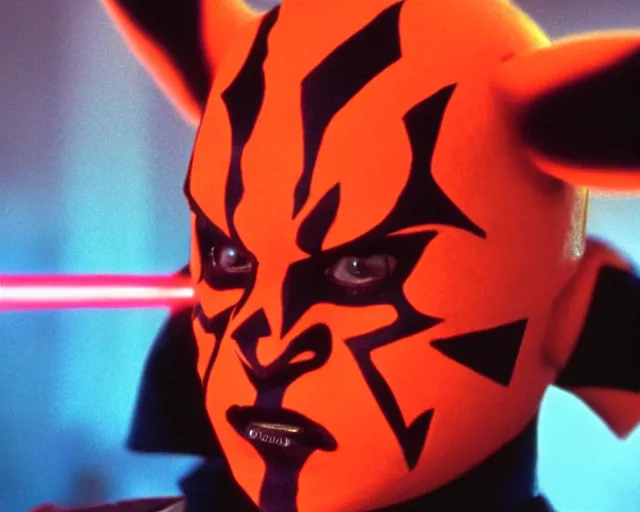 Image similar to Film still of Pikachu as Darth Maul from the movie Star Wars the phantom menace. Photographic, photography
