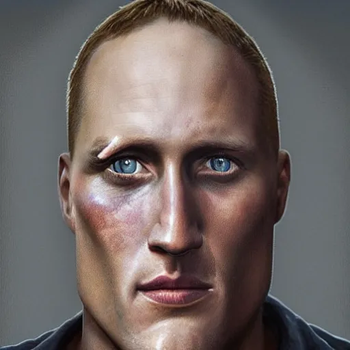 Image similar to hyperrealistic mixed media image of cross eyed slack jawed woody harrelson, stunning 3 d render inspired art by istvan sandorfi and greg rutkowski, perfect facial symmetry, realistic, highly detailed attributes and atmosphere, dim volumetric cinematic lighting, 8 k octane extremely hyper - detailed render, post - processing, masterpiece,