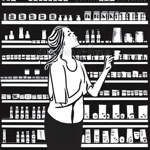 Image similar to storybook illustration of a woman in a supermarket trying to reach for something on the top shelf, storybook illustration, monochromatic