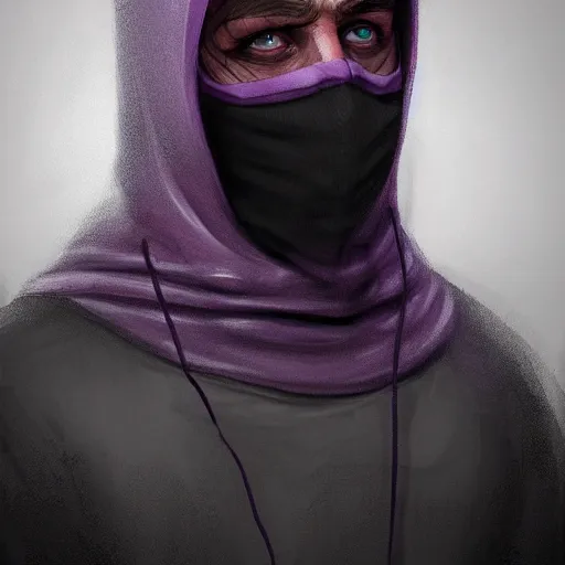 Image similar to ultra realistic illustration, man in a black hood, in a striped purple balaclava, mysterious, highly detailed, digital painting, artstation, concept art, smooth, sharp focus, illustration