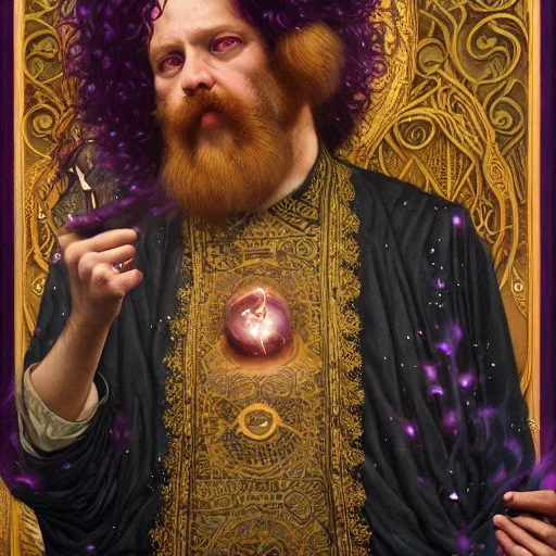 Image similar to middle aged man, in dark purple robes, casting spell, occult , Tom bagshaw, sam spratt, Gustav Klimt, intricate, dark colors, 4k, art nouveau