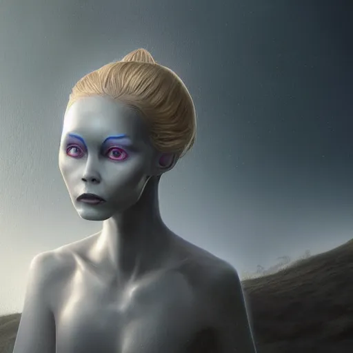 Prompt: A young beautiful female extraterrestrial-cyborg face with a very long neck, big clear eyes, thin nose, big lips, hair floating in the wind:: alien is from the future, Realistic, Refined, Detailed Digital Art, Pre-Raphaelite,Renaissance, Highly Detailed, Cinematic Lighting, rim light, black and white, photo-realistic Unreal Engine, 8K