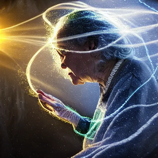 Prompt: streams of smoke and snow swirl around an elderly woman wearing clothes made of computer chips, swirling flashes of gold and silver light, wind - blown sheets, cinematic lighting, fantasy painting, distant planet