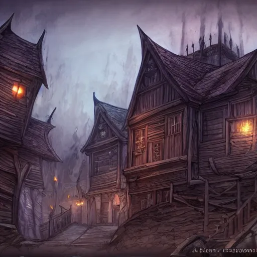 Prompt: medeival fantasy town, slight ruination, night, tall wooden palisade!! connecting buildings, artstation