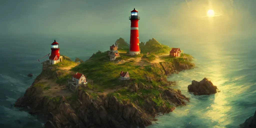 Image similar to Very small fantasy village on a cape with a lighthouse shining with green light, fishing boats, view from above. In style of Greg Rutkowski, Jesper Ejsing, Makoto Shinkai, trending on ArtStation, fantasy, great composition, concept art, highly detailed, scenery, 8K, Behance.