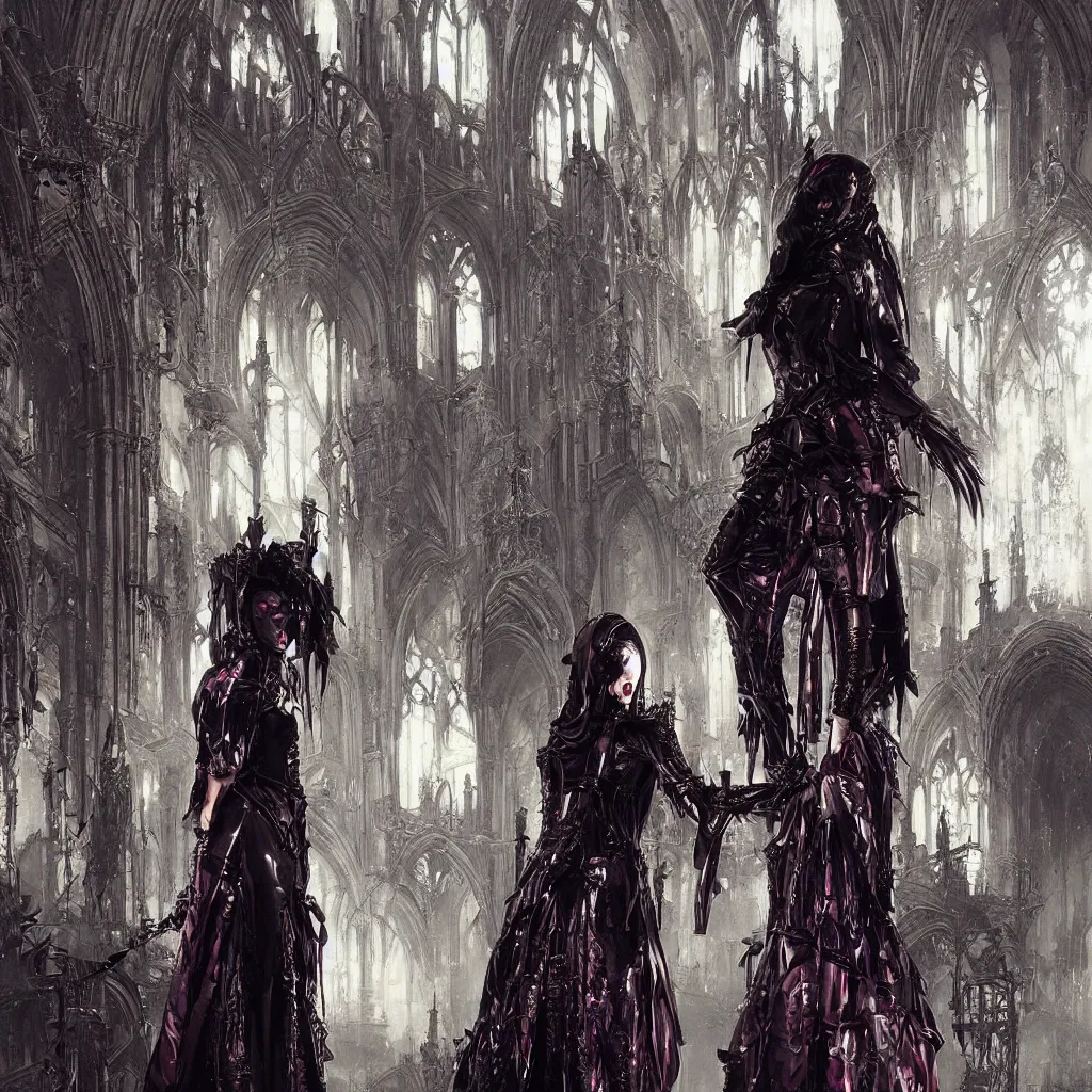 Prompt: fashionable gothic domme, latex, cyberpunk cathedral, spikes by greg rutkowski, by yoshitaka amano, super - detail