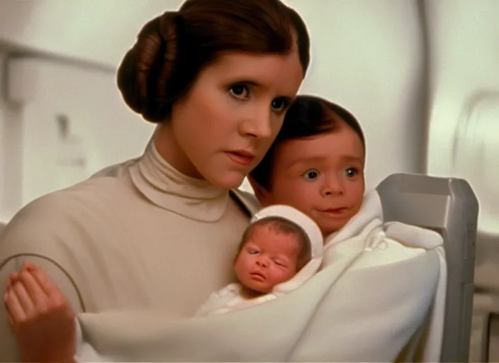 Image similar to screenshot of Princess Leia Organa holding a one newborn baby in a swaddle with Han Solo standing next to her, iconic scene from 1970s film directed by Stanley Kubrick, in a sci fi nursing home architecture, 4k HD sharp, cinematic lighting still frame, photoreal, detailed face, moody lighting, stunning cinematography, anamorphic lenses, kodak color film stock