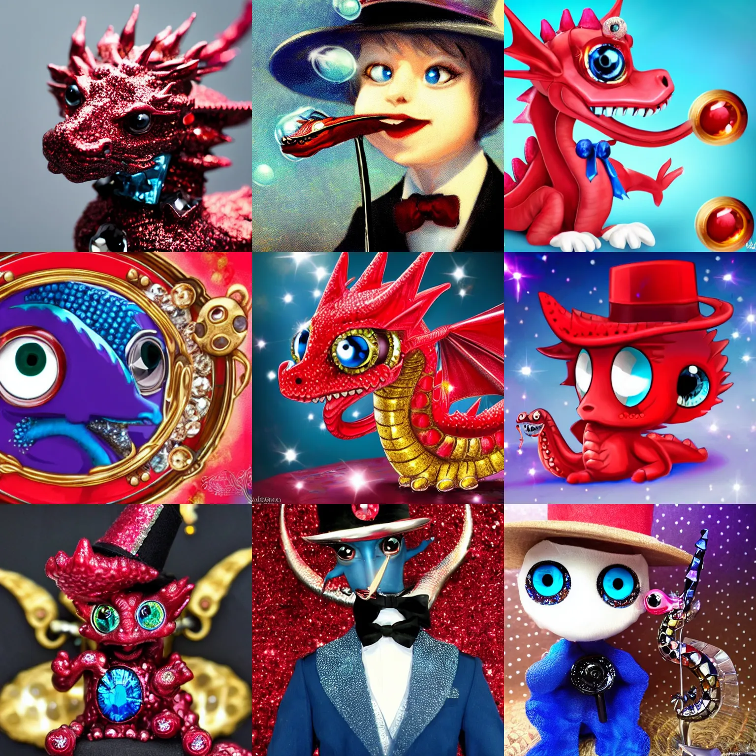 Image similar to Adorable sparkling, shiny crimson baby dragon with cute crystal clear blue eyes wearing a black top hat and a monocle