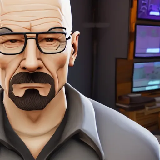 Image similar to walter white in fortnite lobby 3 d avatar skin