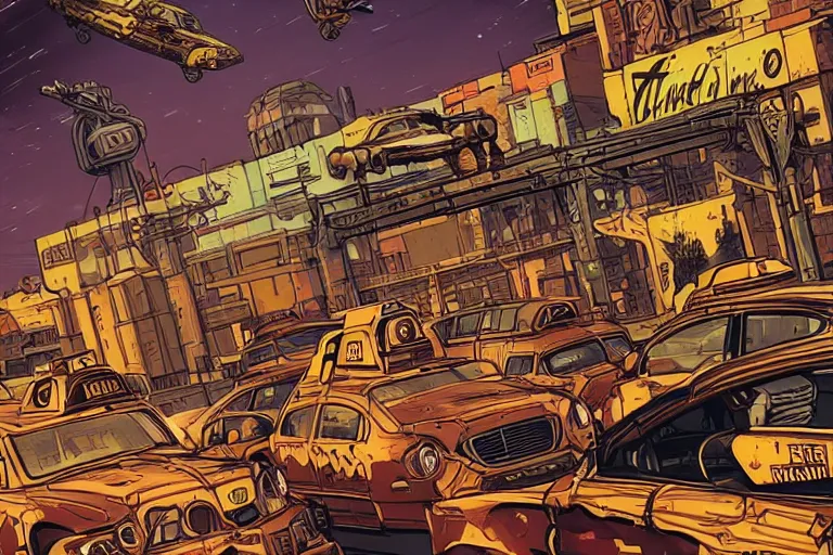 Image similar to cell shaded!! Taxi cab as Borderlands 3 concept art, llustration, concept art by Laurie Greasley, highly detailed, sharp focus,alien, HQ, 4K ,art by Laurie Greasley