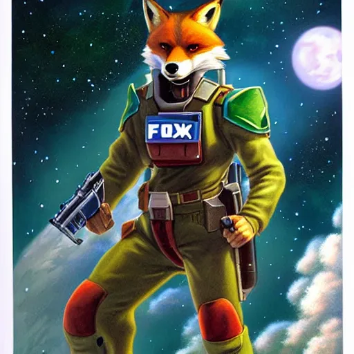 Prompt: an action portrait of fox mccloud holding a blaster, suspenseful, heroic, anthropomorphic furaffinity furry fursona art, star fox, by peter elson