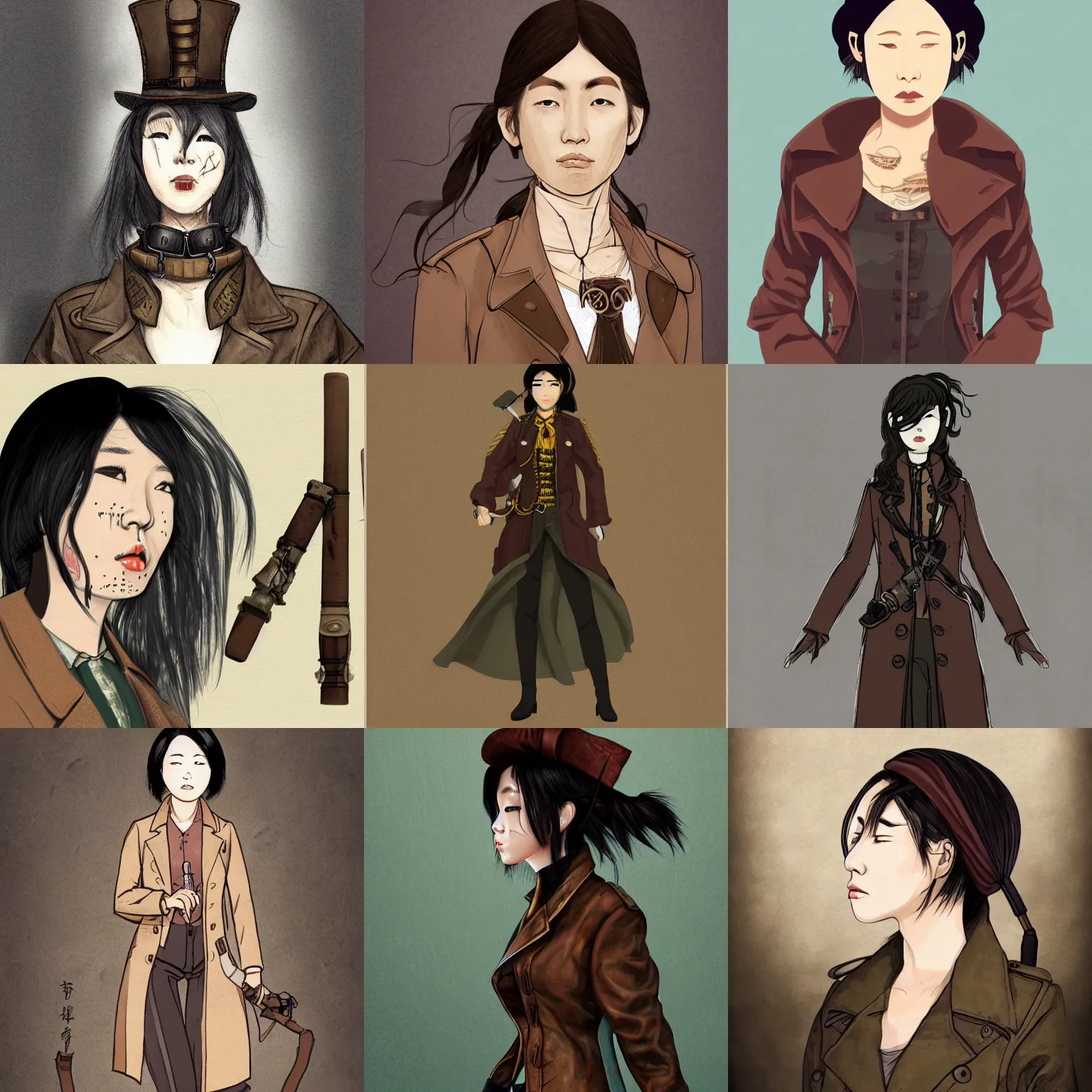 Prompt: illustration chara design, full view portrait, steampunk, a tired asian woman, neck and jaw are full of burnt scars, trench coat, army boots, holding taser stick.