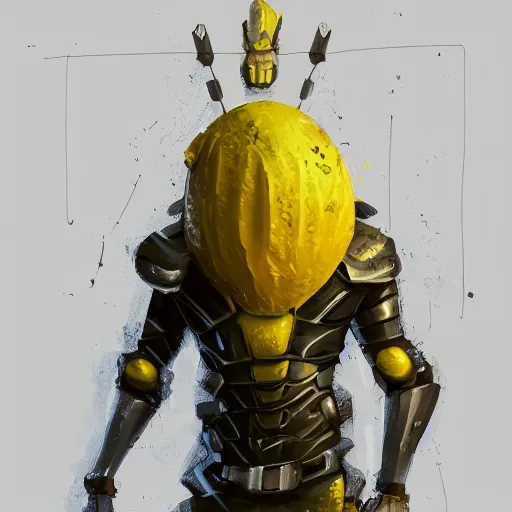 Image similar to A lemon full body portrait wearing dark matter armor standing on a hill, dynamic lighting, photorealistic concept art, stunning visuals, creative, trending on art station, ultra detailed