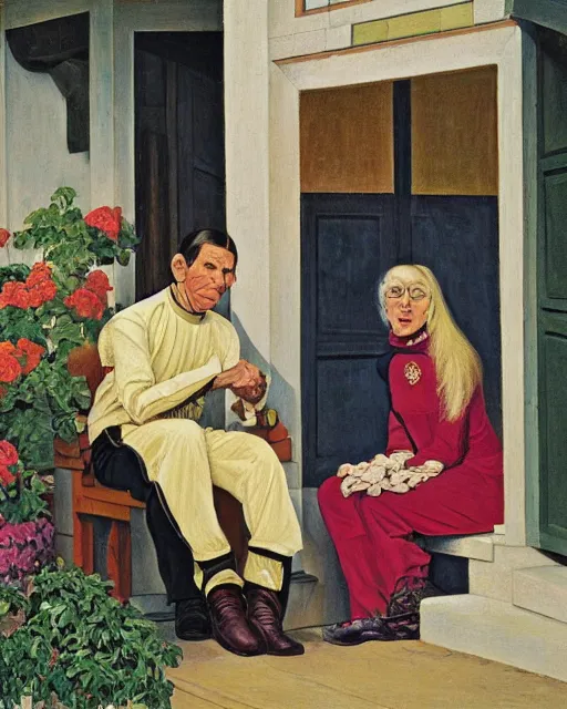 Image similar to a painting of leonard nimoy and janice rand sitting on a porch, a fine art painting by andre charles bieler and by ernest bieler and by jacob philipp hackert, shutterstock contest winner, german romanticism, wimmelbilder, detailed painting, academic art