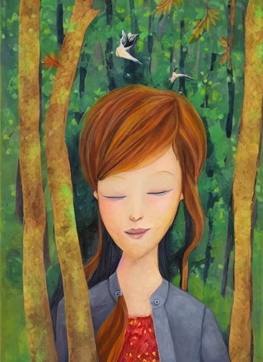 Prompt: a wonderful childrens illustration portrait painting of a woman in a forest with serene emotion, art by tracie grimwood, forest, trees, many leaves, birds, whimsical, aesthetically pleasing and harmonious natural colors