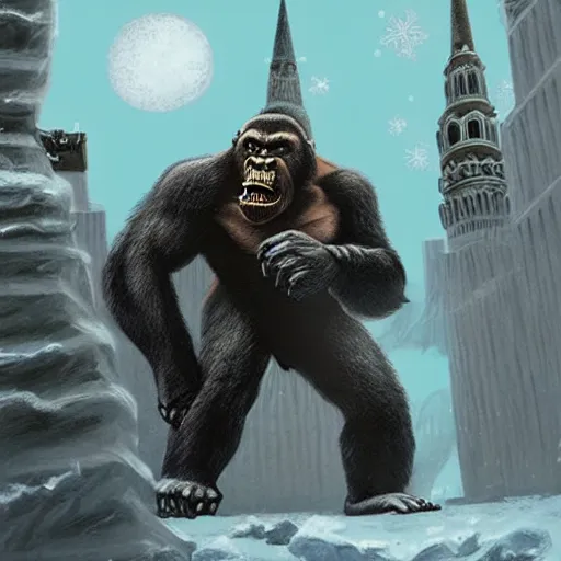 Image similar to angry king kong attacks winter kremlin, digital painting, very detailed environment, art by artgerm and boris vallejo