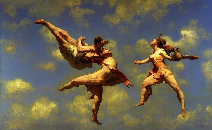 Image similar to high quality high detail painting by ilya repin, a couple flying, hd