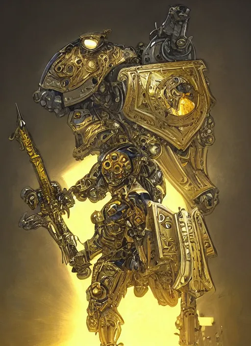 Image similar to dynamic portrait of a intricate glorious holy mechanical warforged character in yellow armor holding a paladin engraved great longsword and carrying a big paladin shield, spotlight from face , epic , trending on ArtStation, masterpiece, cinematic lighting, by Jesper Ejsing and by Philippe Druillet and by Yoann Lossel