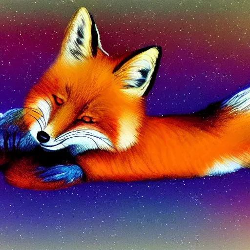 Image similar to a fox laying back relaxing, dreaming of infinity, elegant color palette