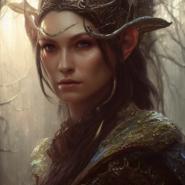 Image similar to close up portrait of a beautiful female elven warrior, magical forest background fantasy atmosphere. art by greg rutkowski. highly detailed, intricate, lifelike. sci - fi, fantasy, magical, nikon d 8 5 0.