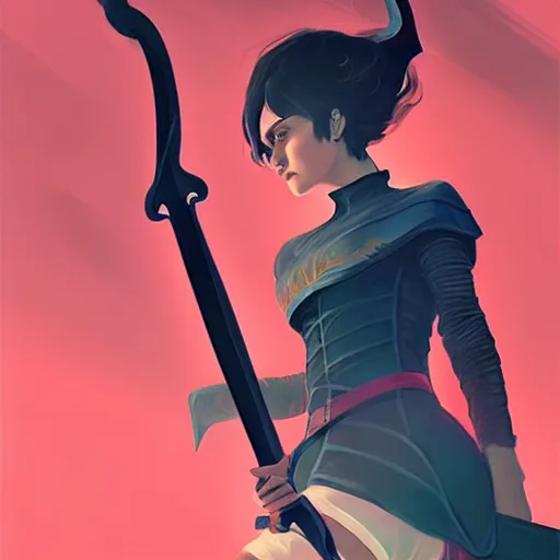 Prompt: a woman holding a sword with a dragon on it, concept art by Ilya Kuvshinov, contest winner, fantasy art, official art, concept art, high detail, experimental, high quality, 4k