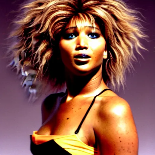 Prompt: jennifer lawrence as tina turner from mad max beyond thunderdome, editorial photography