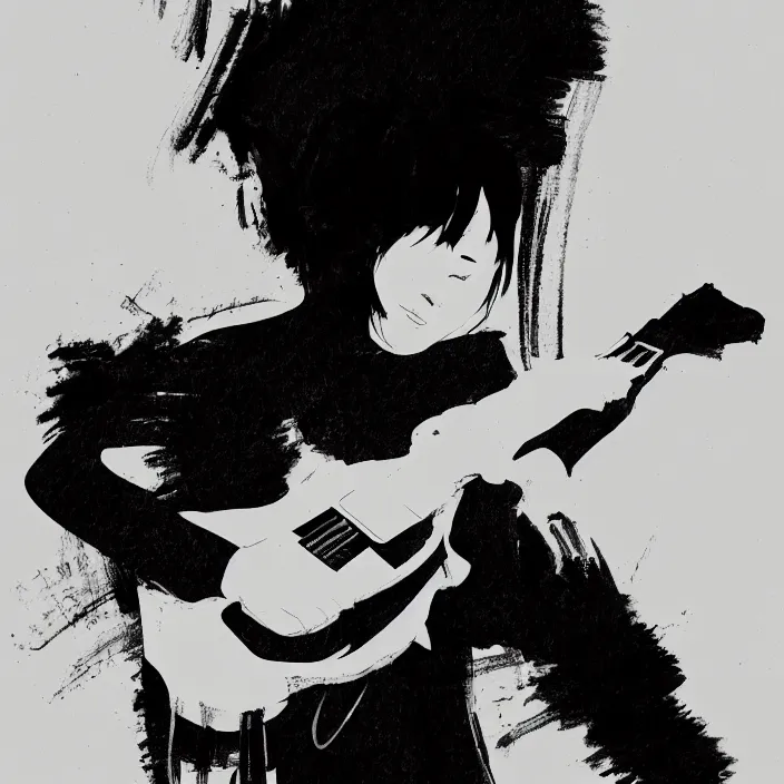 Image similar to minimal painting of a young korean man wearing black t shirt holding an electric guitar!!, dark background, huge brush strokes, dramatic smoke everywhere, matte colors, dramatic brush strokes, abstract, trending on artstation