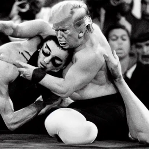 Prompt: donald trump wrestling michael jackson, war photography