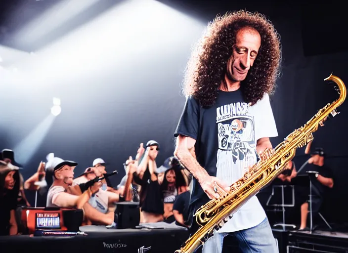 Prompt: photo still of kenny g on stage at vans warped tour!!!!!!!! at age 3 8 years old 3 8 years of age!!!!!!! playing saxophone, 8 k, 8 5 mm f 1. 8, studio lighting, rim light, right side key light