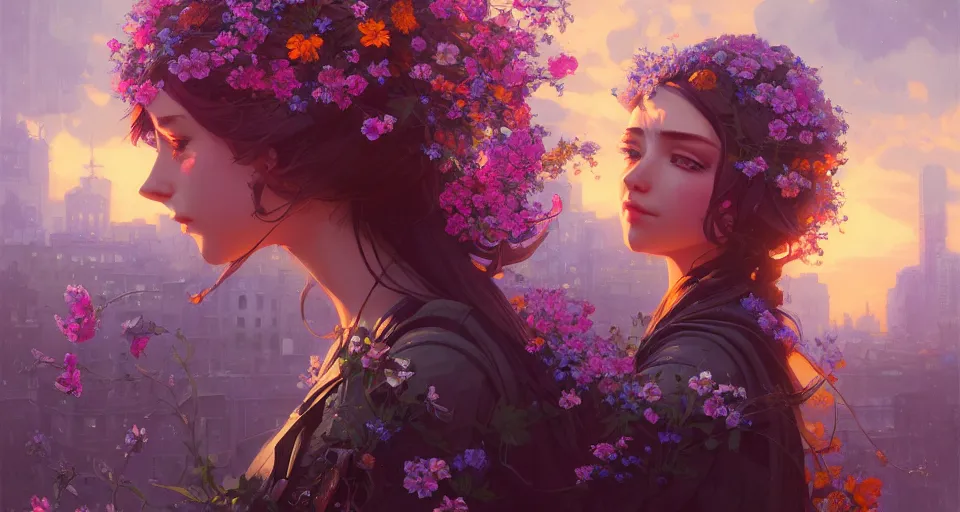 Image similar to a girl clothed in flowers behind a steampunk city, night setting. realistic shaded lighting poster by ilya kuvshinov katsuhiro, magali villeneuve, artgerm, jeremy lipkin and michael garmash, rob rey and kentaro miura style, trending on art station